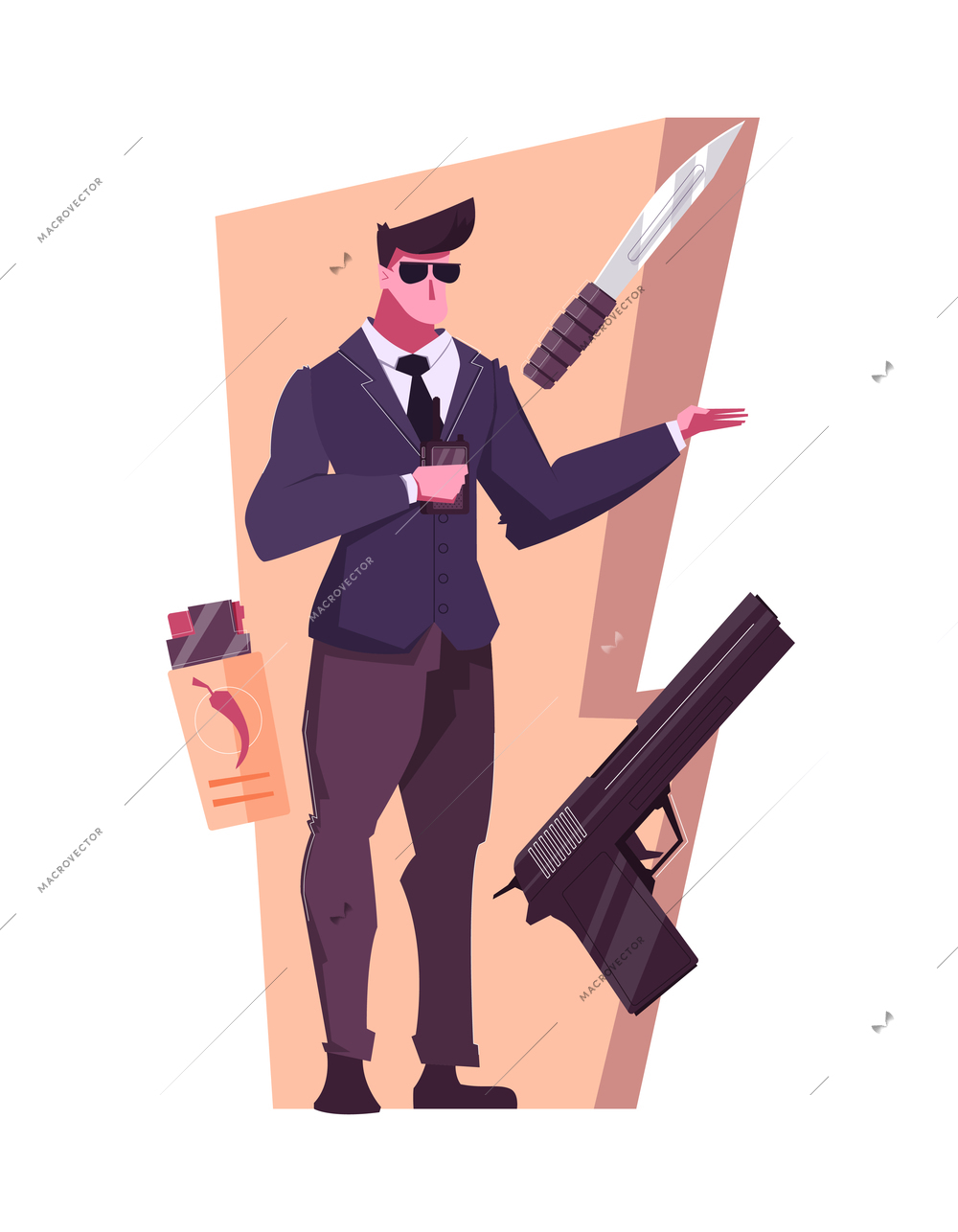 Security service flat composition with bodyguard and weapons vector illustration