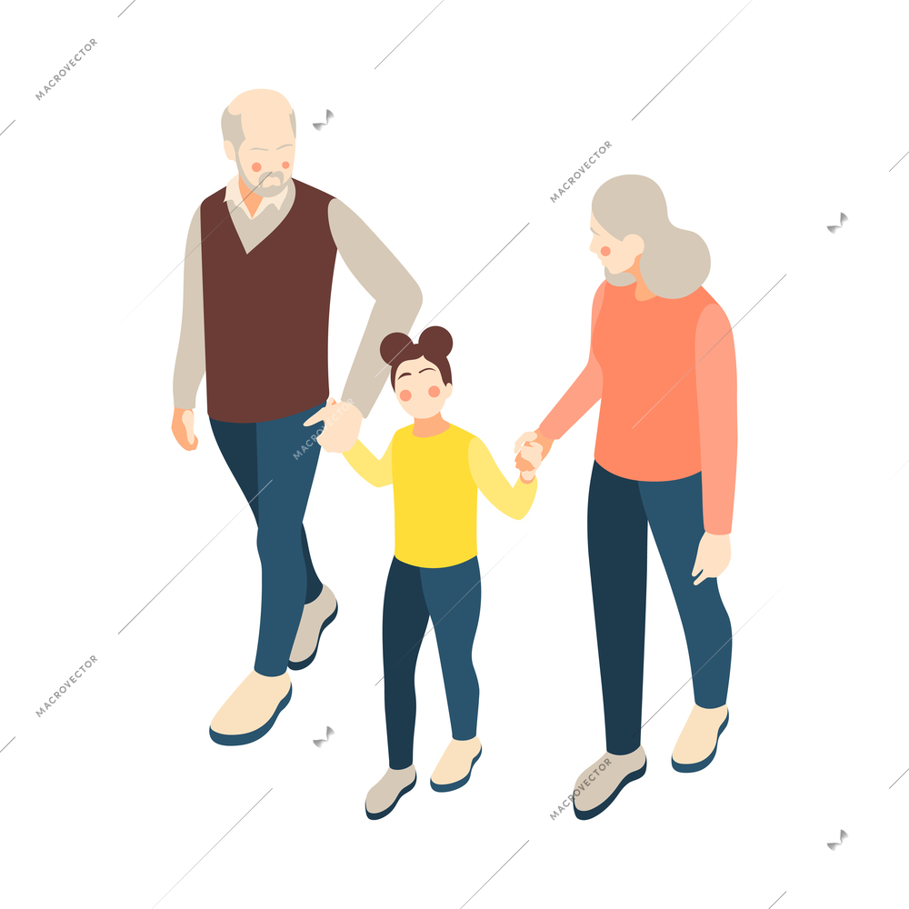 Grandparents walking with granddaughter isometric icon on white background 3d vector illustration