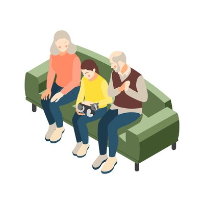 Isometric icon with grandparents and kid sitting on sofa and stroking cat 3d vector illustration