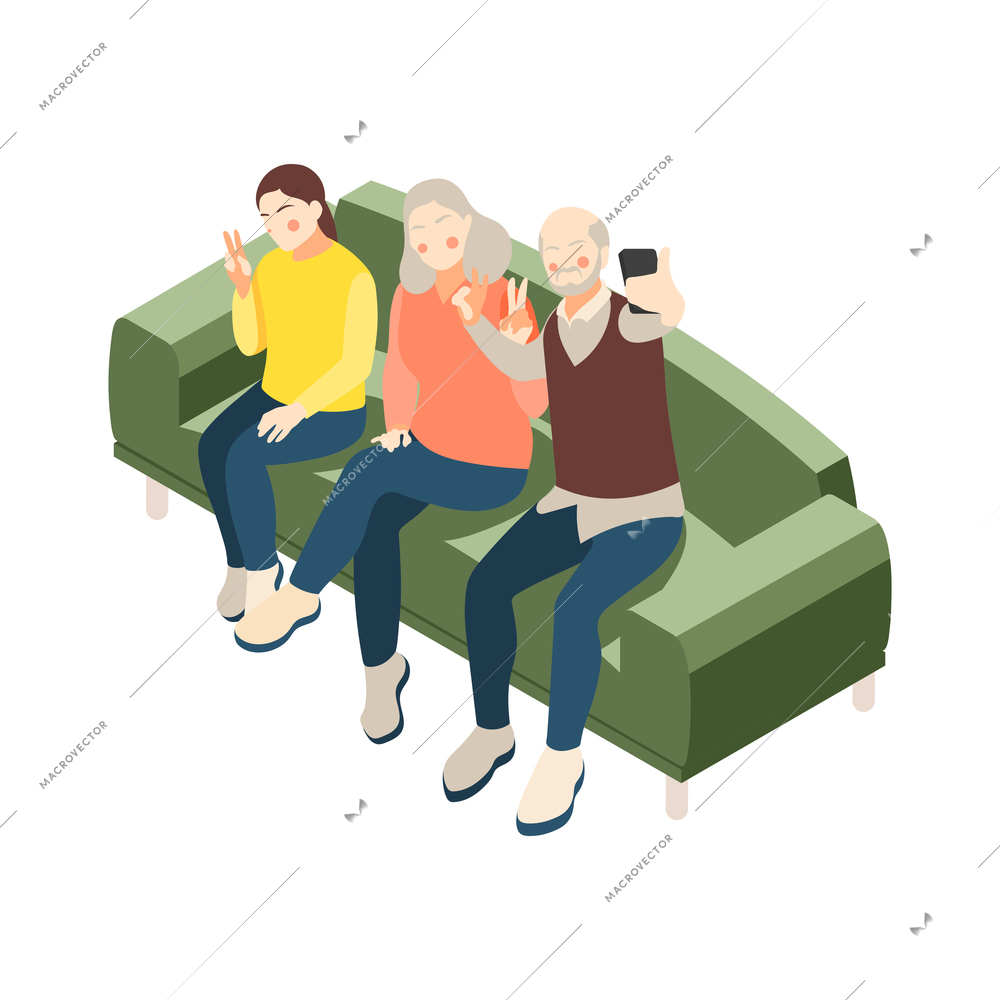 Happy grandma and grandpa taking selfie with their granddaughter isometric icon vector illustration