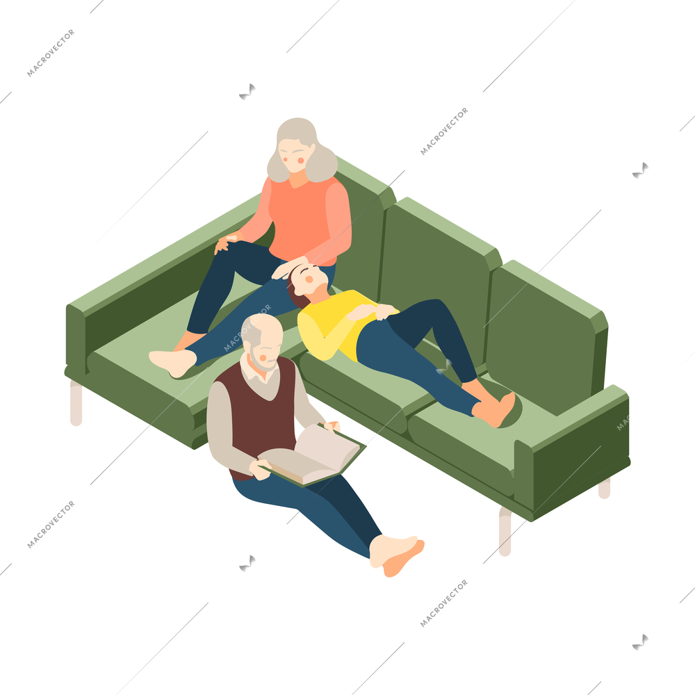 Grandparents and teen girl resting together lying on sofa and reading isometric vector illustration