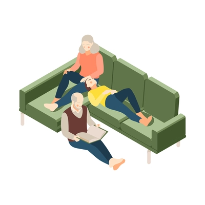 Grandparents and teen girl resting together lying on sofa and reading isometric vector illustration