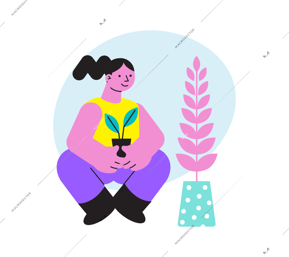 Flat icon with happy character holding pot with small house plant vector illustration