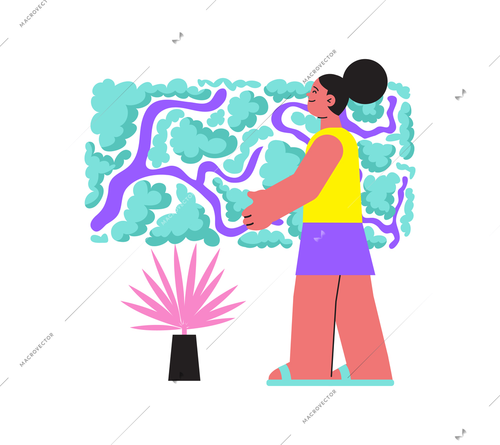 Flat design colorful gardening icon with woman character and plant in pot vector illustration