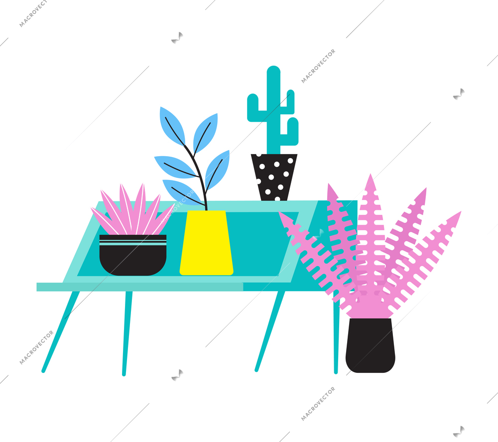 Flat icon with four different house plants in pots vector illustration