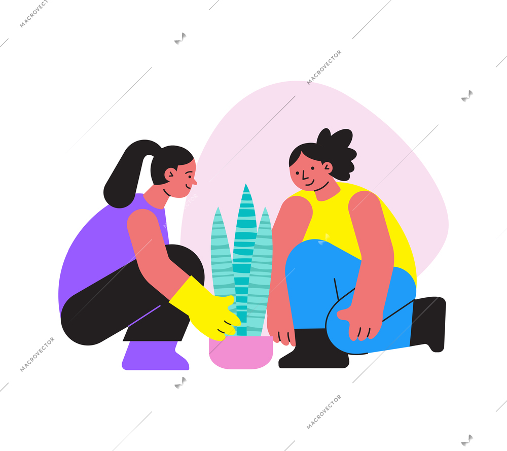 Flat icon with two women and green house plant vector illustration