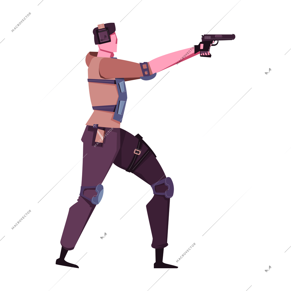 Military training flat icon with character firing pistol vector illustration