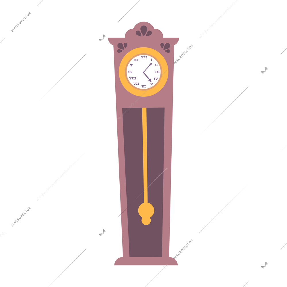 Old pendulum clock on white background flat vector illustration