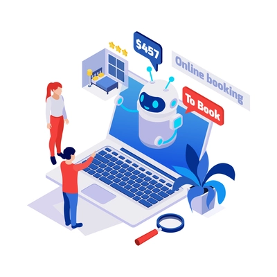 Isometric icon with people talking to chatbot on booking website 3d vector illustration