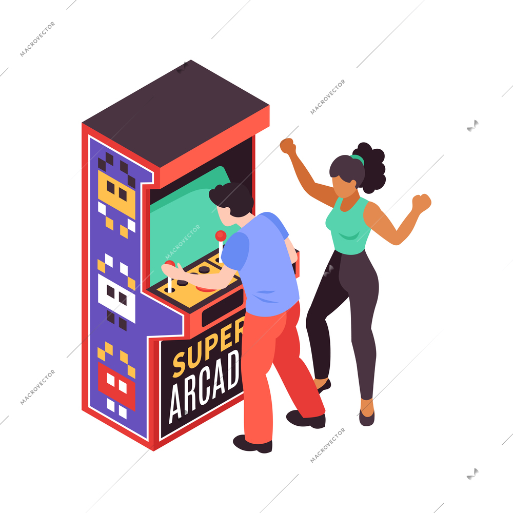 Teenagers using retro arcade game machine isometric icon 3d vector illustration