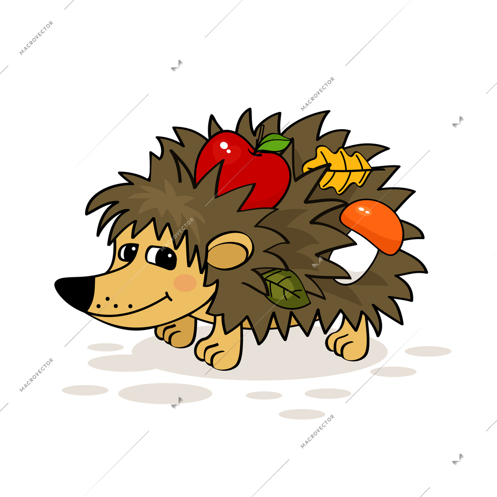 Smiling hedgehog with apple, mushroom and leaf vector illustration