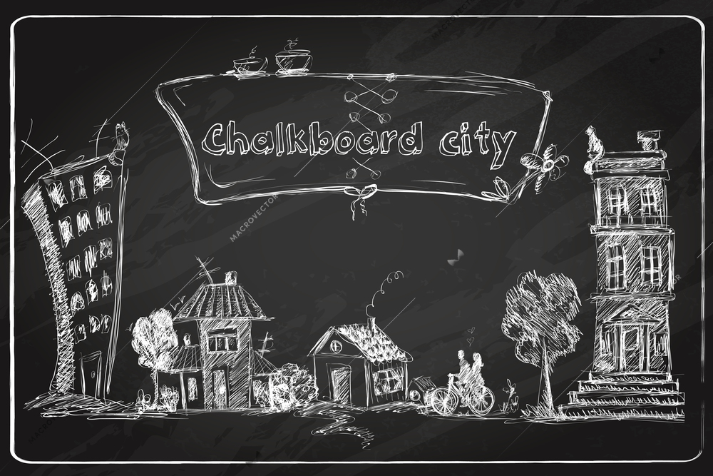 Chalkboard city doodle poster with modern and old urban buildings in frame vector illustration.