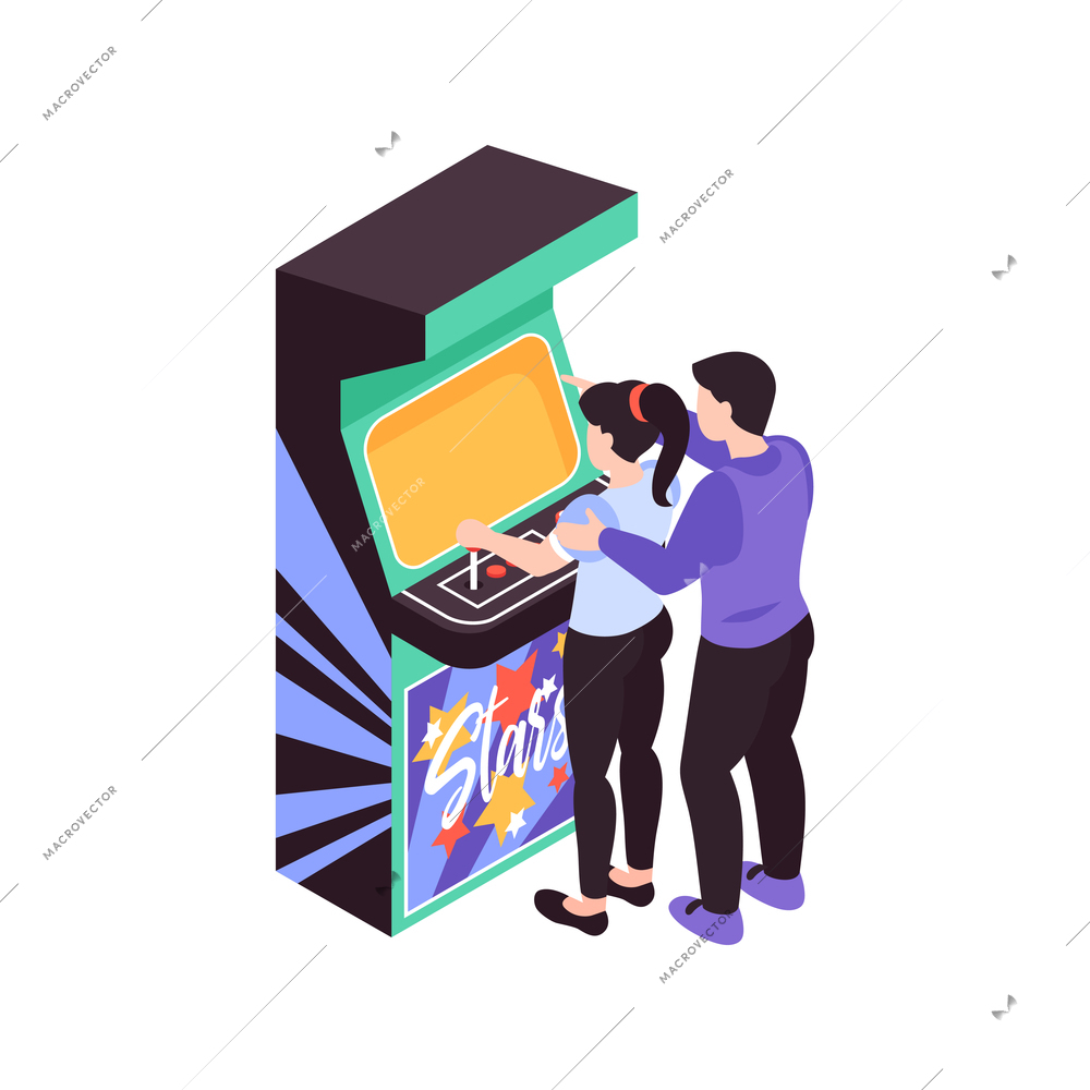 Isometric couple playing video game on old machine 3d icon vector illustration