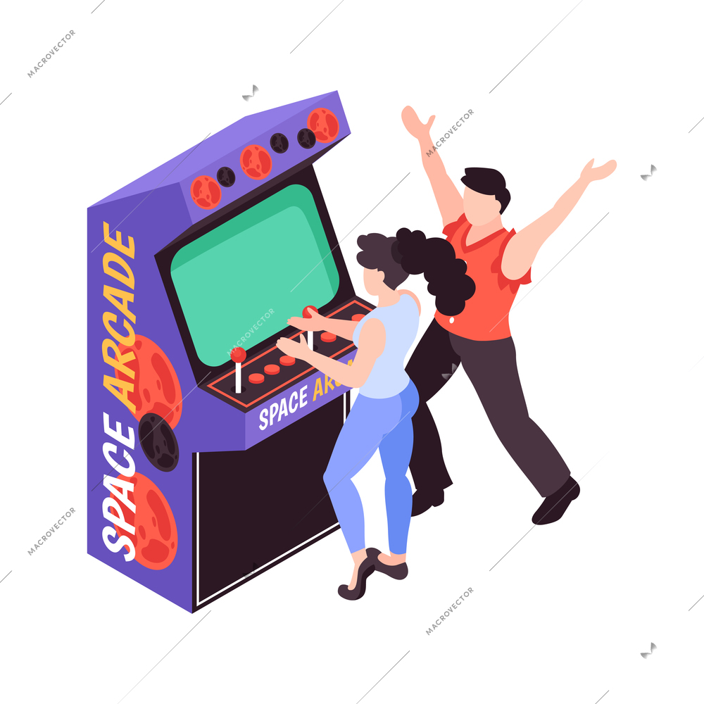 Isometric icon with cheerful teens playing space arcade game on retro machine vector illustration