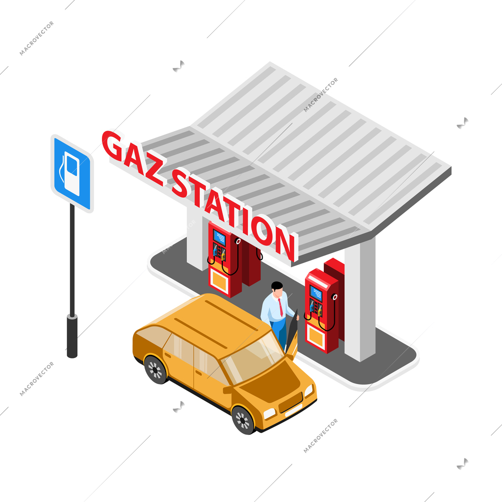 Gas station isometric icon with human character and passenger car 3d vector illustration