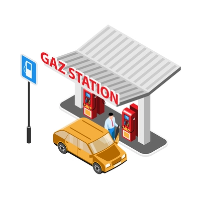 Gas station isometric icon with human character and passenger car 3d vector illustration