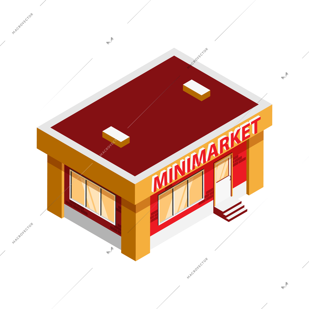 Minimarket building exterior isometric icon on white background vector illustration