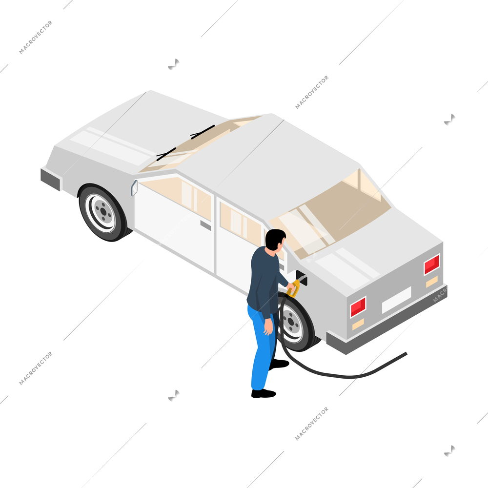 Man refuelling his car at gas station isometric icon vector illustration