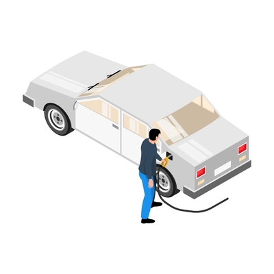 Man refuelling his car at gas station isometric icon vector illustration