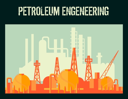 Oil industry petroleum factory poster with industrial constructions vector illustration