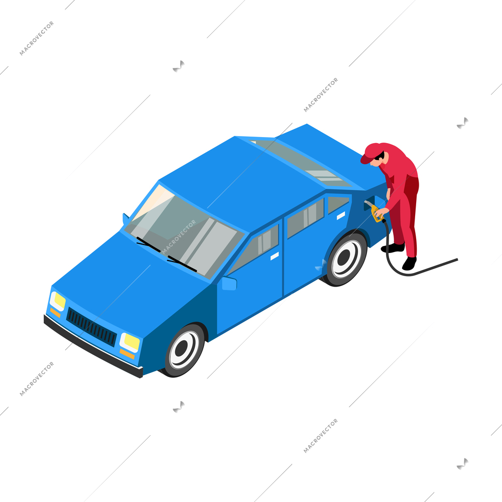 Gas station worker in uniform refuelling blue car 3d isometric vector illustration