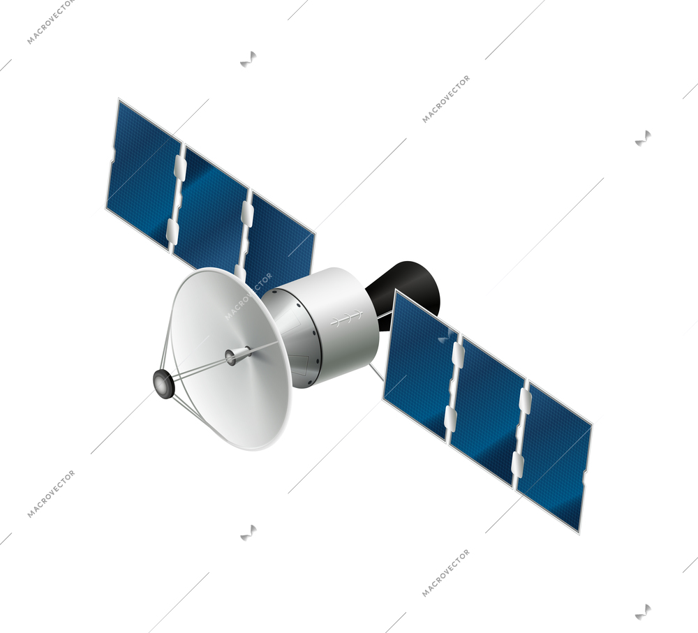 Realistic space satellite with solar panels vector illustration