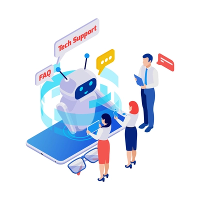 Isometric icon with customers asking questions to technical support chatbot 3d vector illustration