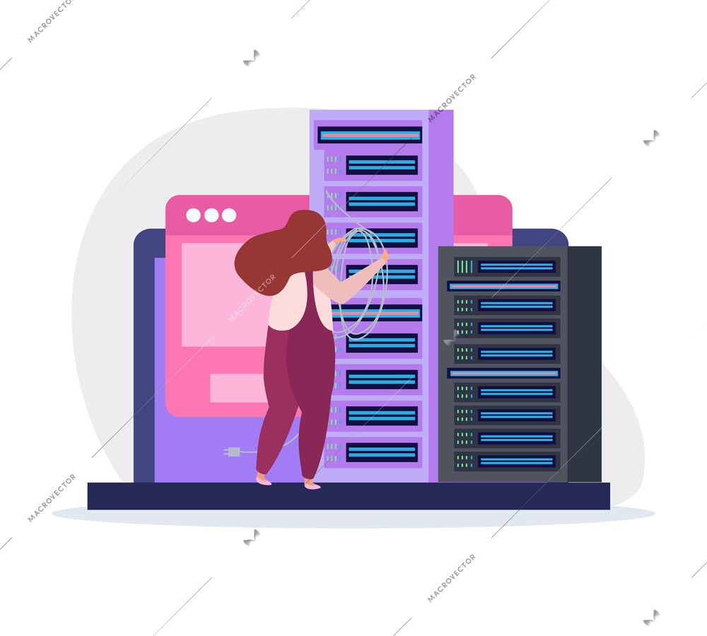 Female network engineer working in data center flat vector illustration