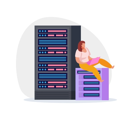 Flat icon with woman system administrator working on laptop in data center vector illustration