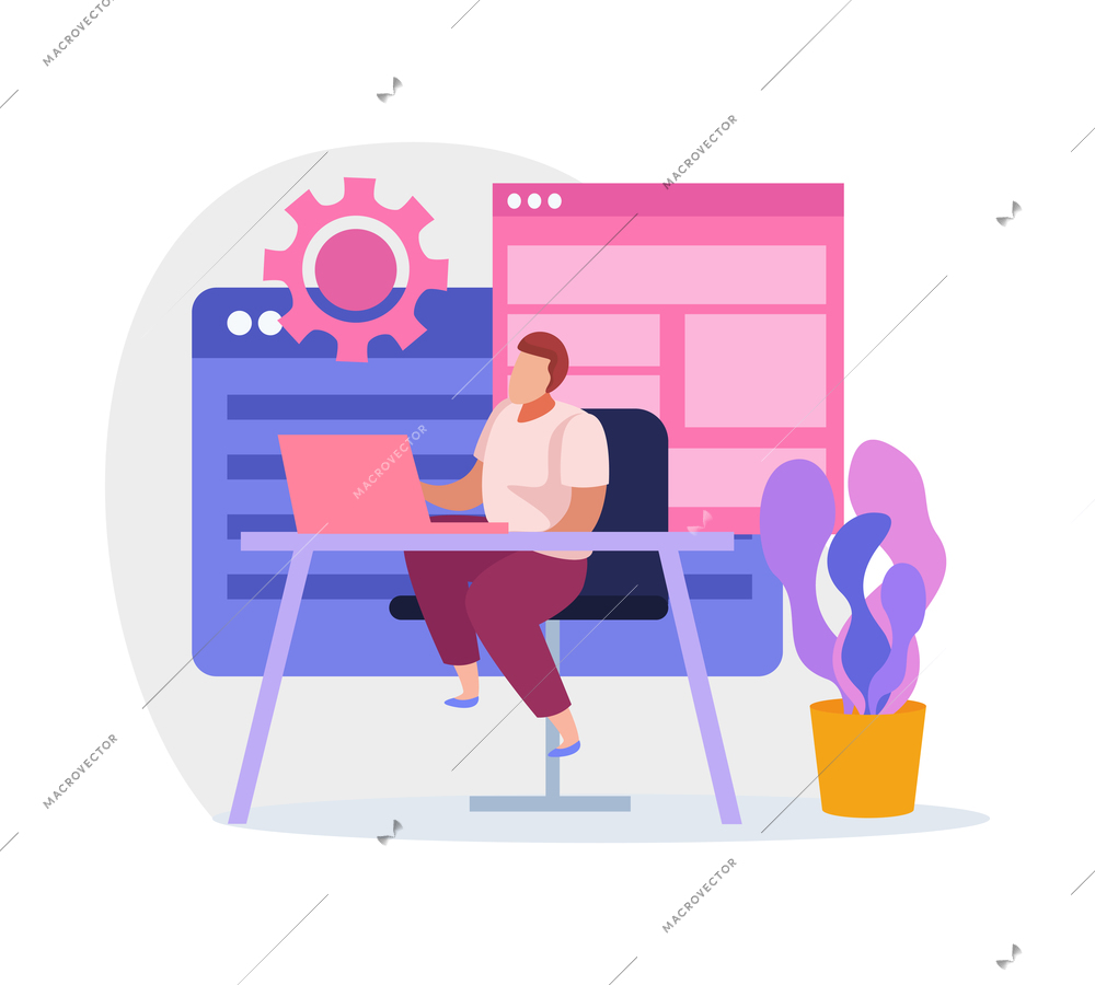 System administrator at his work place in office flat vector illustration