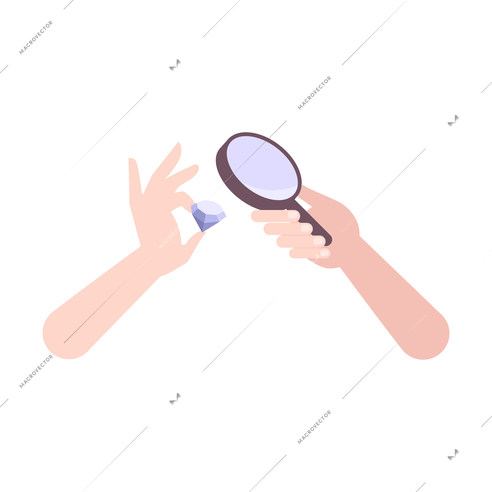 Flat icon with pawnbroker hands holding magnifier and diamond vector illustration