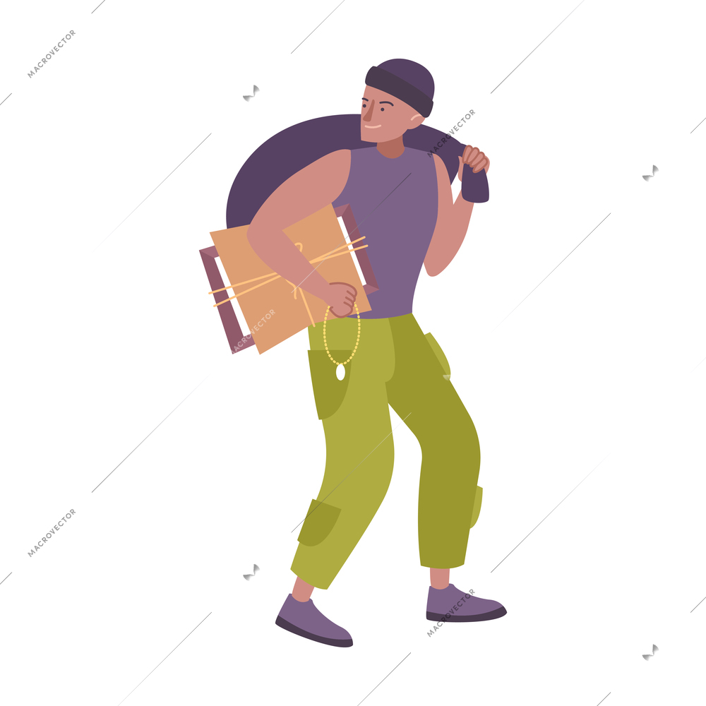 Flat icon of male thief holding bag necklace and papers vector illustration