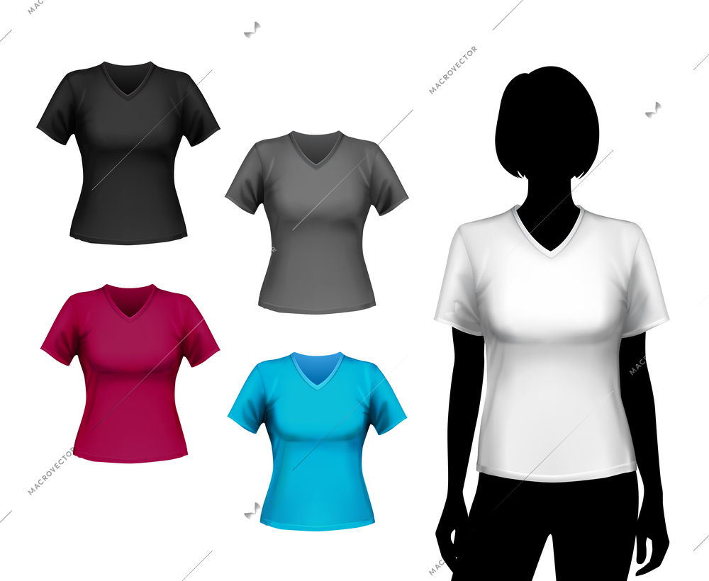 Colored v-neck t-shirts female set with woman body silhouette isolated vector illustration