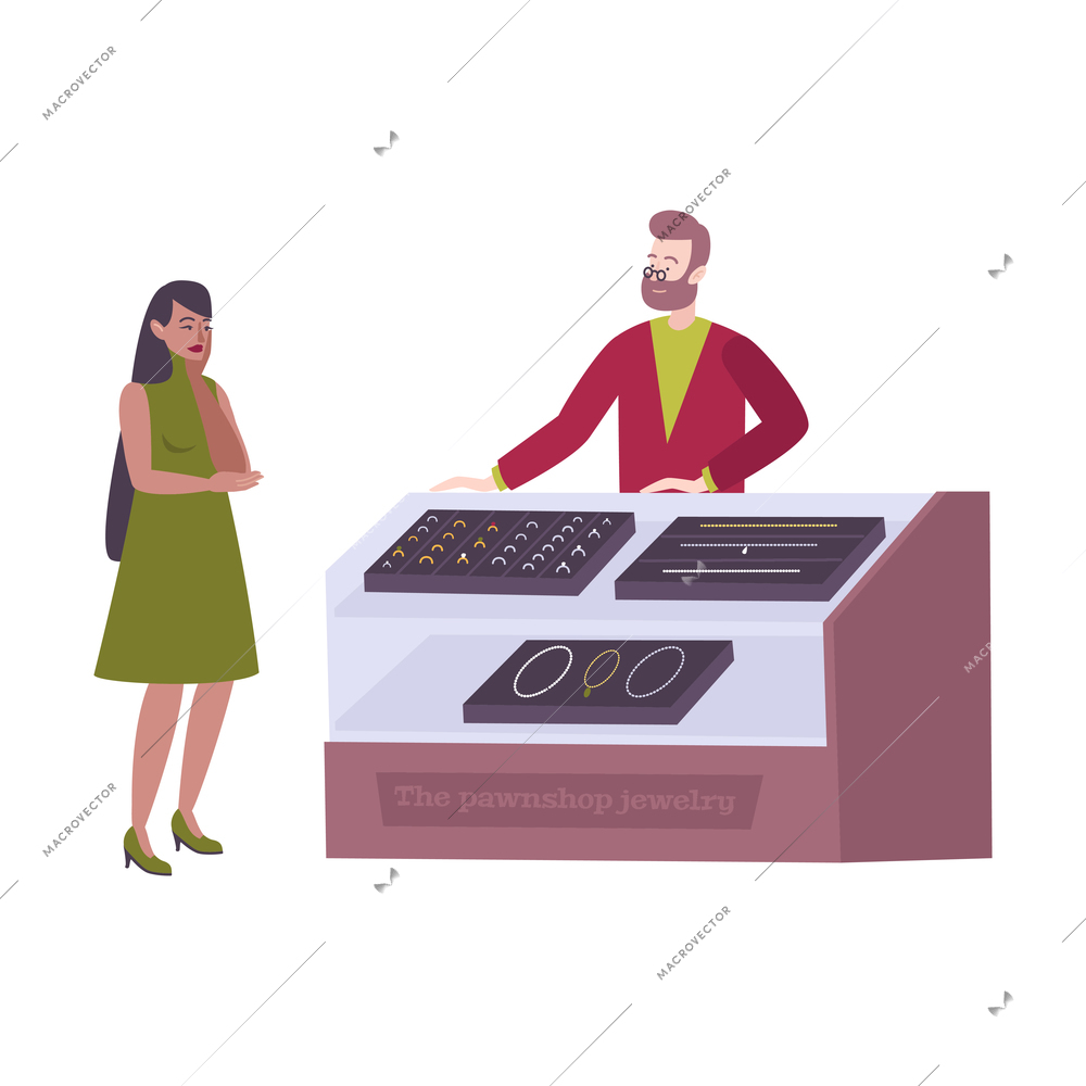 Woman looking at pawnshop jewelry showcase flat vector illustration