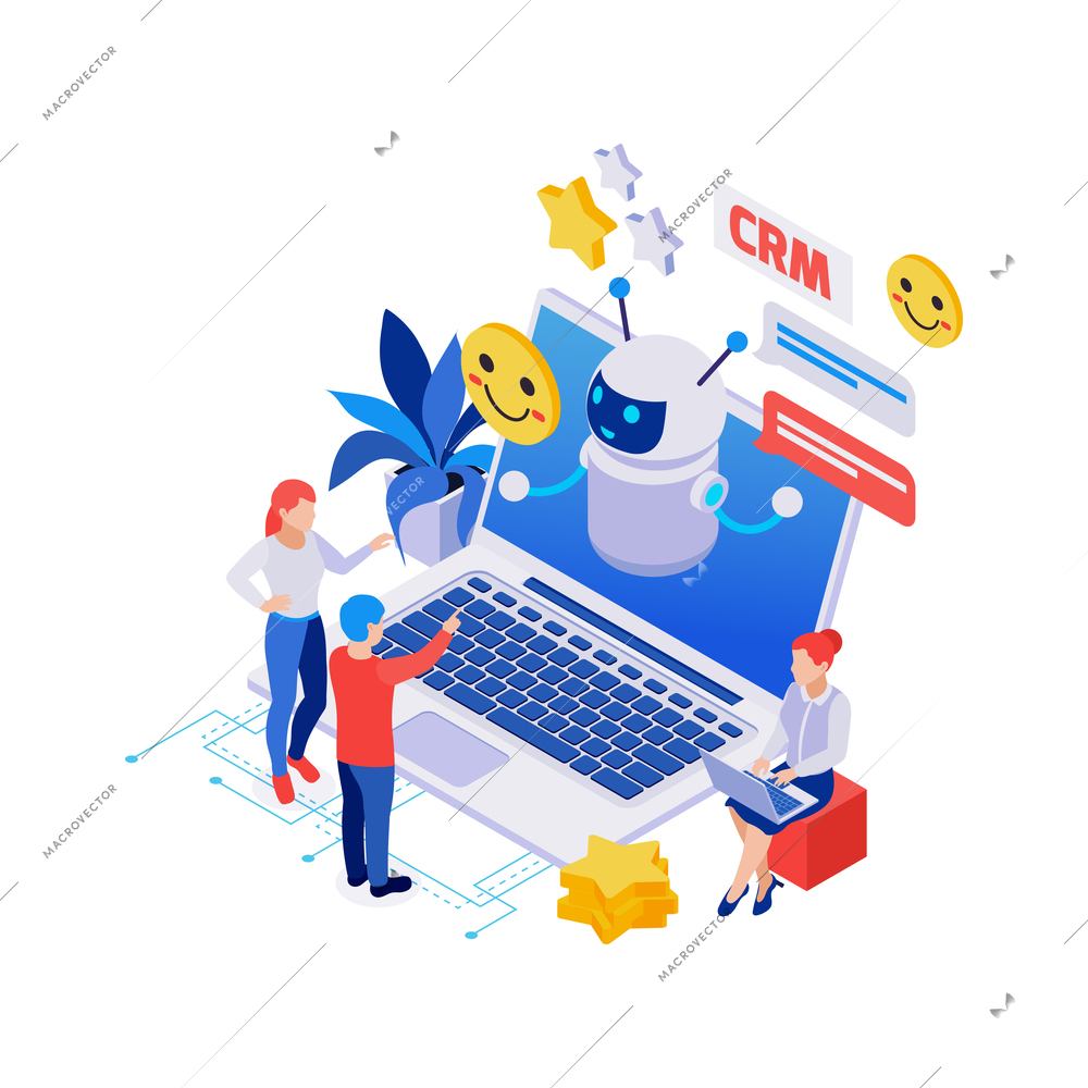 Isometric composition with chatbot on laptop people happy smiles on white background vector illustration