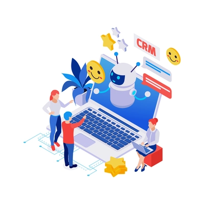 Isometric composition with chatbot on laptop people happy smiles on white background vector illustration