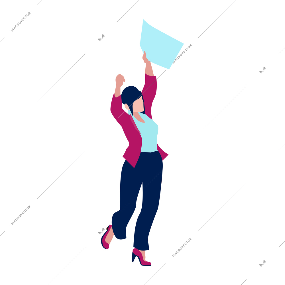 Happy woman clerk after getting job or promotion isometric icon on white background vector illustration