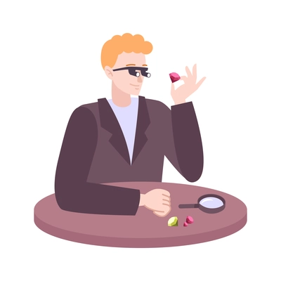 Jeweler looking at gemstones with magnifying glass flat vector illustration