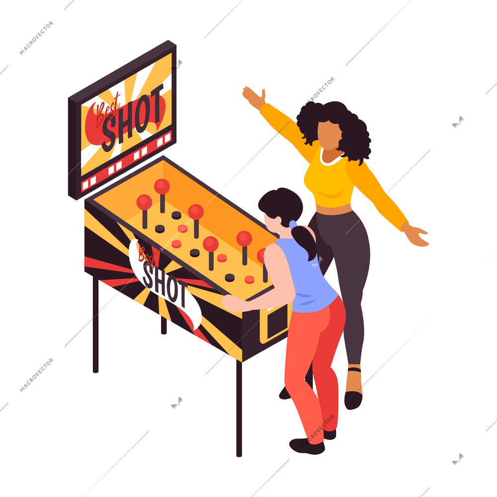 Isometric adult and kid playing retro game machine 3d vector illustration