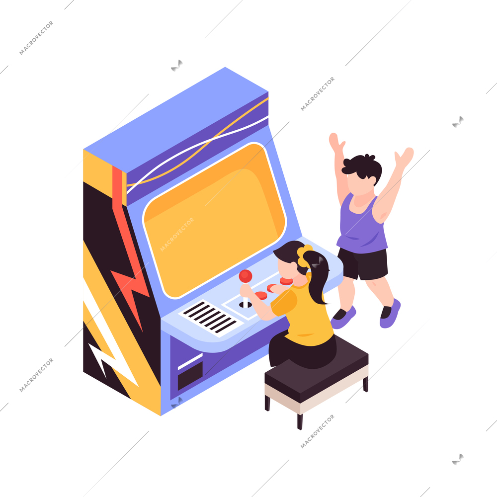 Isometric icon with happy children playing on old game machine on white background vector illustration