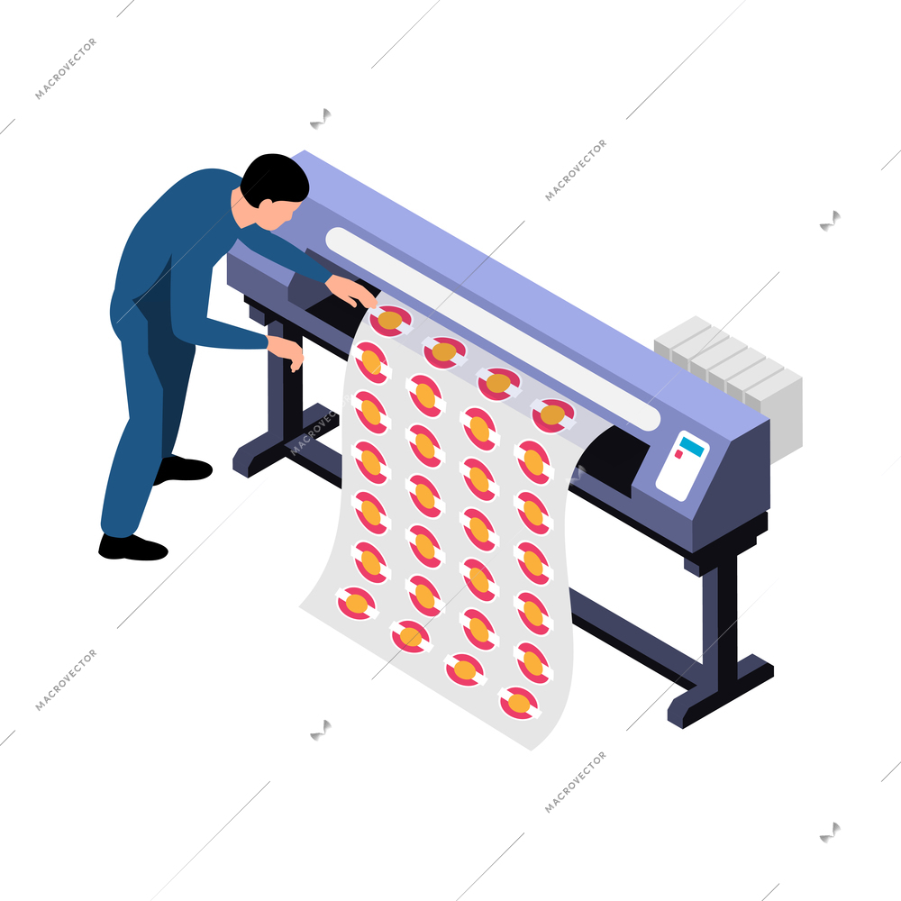 Polygraphy isometric icon with character of worker and plotter on white background vector illustration