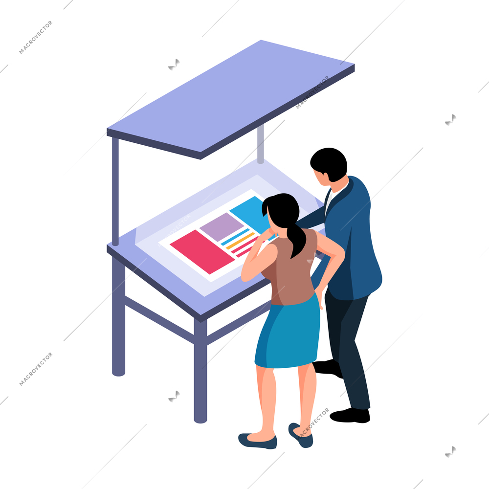 Isometric polygraphy icon with two people looking at printer layout 3d vector illustration