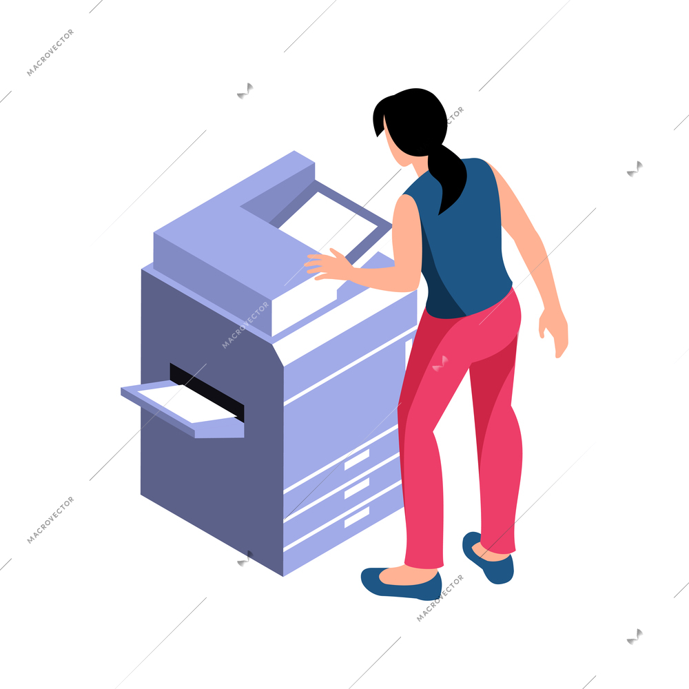 Isometric icon with professional printer and woman on white background vector illustration