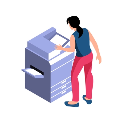 Isometric icon with professional printer and woman on white background vector illustration