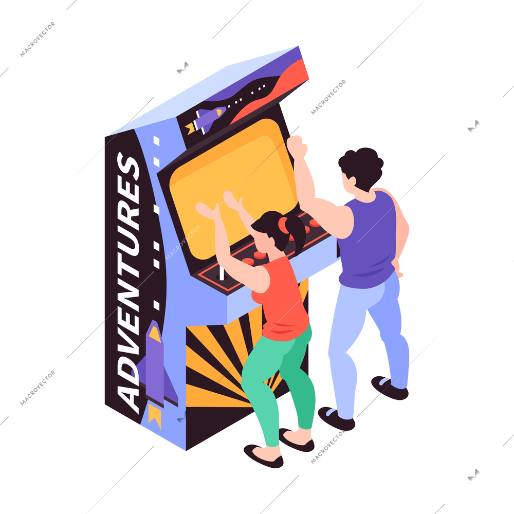 Two teens playing adventure game on retro machine 3d isometric vector illustration
