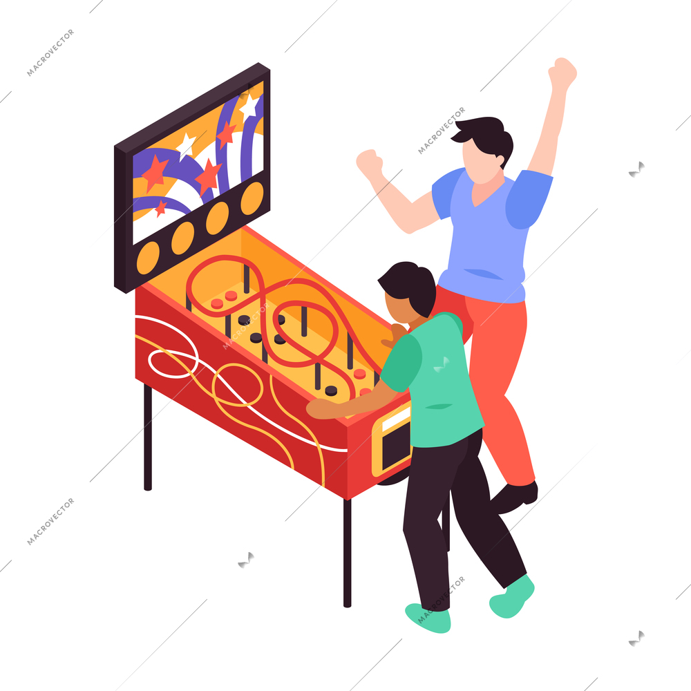 Isometric icon with happy people playing on game machine 3d vector illustration