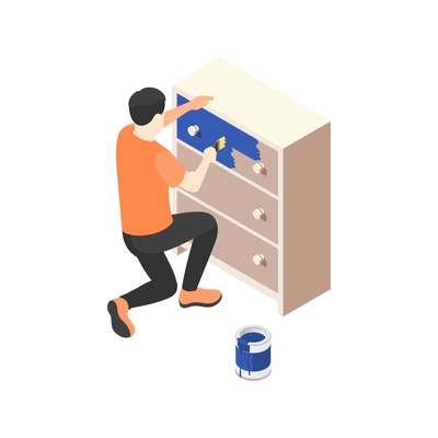 Renovation isometric icon with man painting chest of drawers in blue color 3d vector illustration