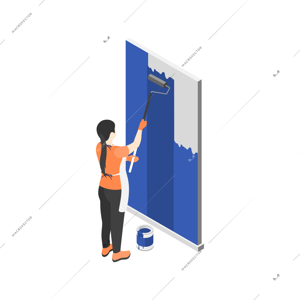 Isometric renovation icon with woman painting wall in blue color with roller 3d vector illustration