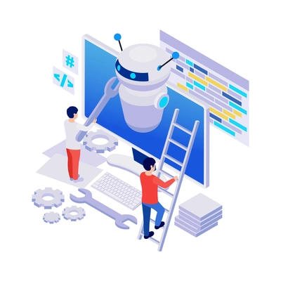 Characters fixing computer chatbot isometric icon 3d vector illustration