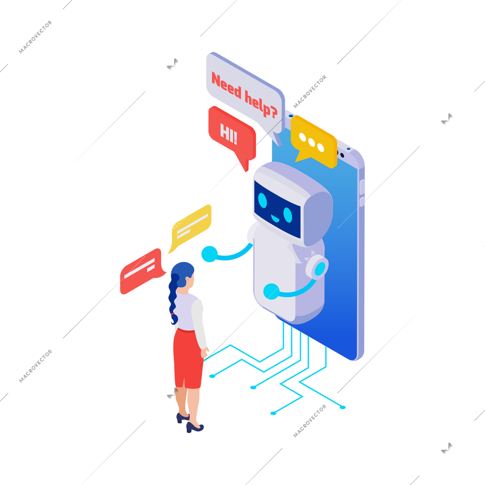 Woman character talking to smiling smartphone chatbot 3d isometric vector illustration